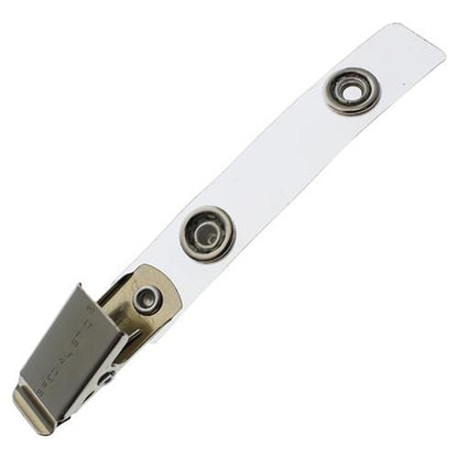 A Clothing Friendly ID Badge Clip with Smooth Bulldog Clip and Vinyl Strap, featuring a secure grip mechanism and a snap button closure. Sold by Specialist ID.