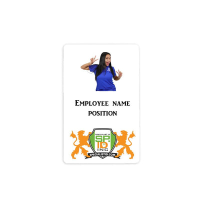 A Custom Printed Photo ID Badge displaying a person in a blue shirt gesturing enthusiastically, with placeholder text for an employee's name and position, and a company logo at the bottom. Ideal for professional ID Card Printing, this design is perfect for creating standout employee identification.