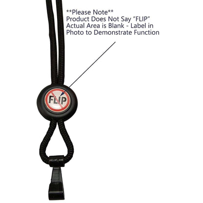 A black lanyard with slider and a plastic stopper features a circular label depicting "FLIP" crossed out. Note indicates the label is blank in actual product. Product Name: Round Heavy Duty "No-Twist" Breakaway Black Lanyard w/ Slider (P/N FF-34H-BLK).