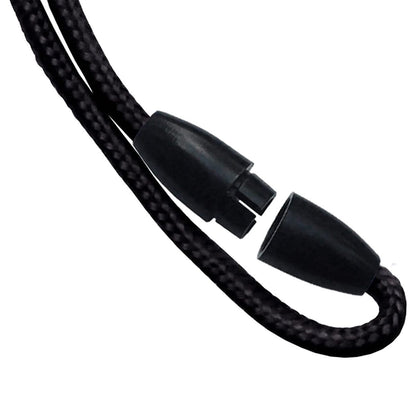 A Round Heavy Duty "No-Twist" Breakaway Black Lanyard w/ Slider (P/N FF-34H-BLK) with two magnetically attached ends, showing a close-up of the connectors separated, reminiscent of a no-twist breakaway lanyard in its secure design.