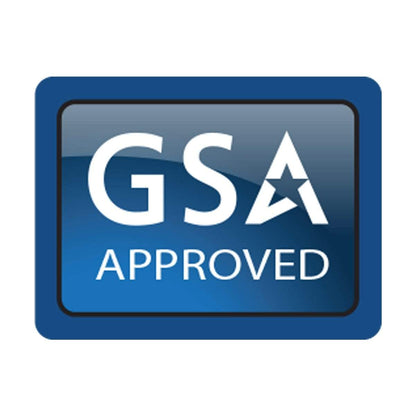 A rectangular, standard credit card sized ID badge with a blue border and dark blue gradient background, displaying the text "GSA APPROVED" in white with a stylized star incorporated in the letter "A". Perfectly fits into a Frosted Vertical Rigid ID Badge Holder with Red Extractor Slide (P/N 1840-6566).