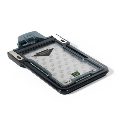 A protective case labeled "Identity Stronghold RFID Blocking Secure Badgeholder Classic - Holds 1 Card - Shields 13.56MHz Signal (IDSH1004-001B-002)" with a transparent window and black frame, designed to display and protect a single card, featuring RFID blocking technology for added security.