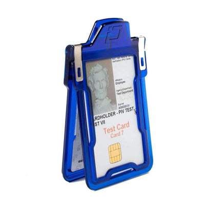 An Identity Stronghold RFID Blocking Secure Badgeholder Classic - Holds 1 Card - Shields 13.56MHz Signal (IDSH1004-001B-002) doubles as a secure badgeholder, accommodating two ID cards. One partially visible card features a chip and the text "Test Card 7" beneath an image of a historical figure. Equipped with RFID blocking, this case ensures your information stays safe.
