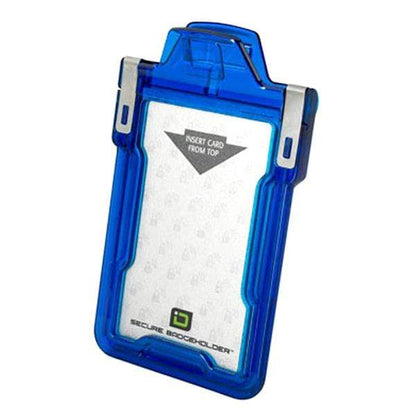 Blue, transparent plastic Identity Stronghold RFID Blocking Secure Badgeholder Classic - Holds 1 Card - Shields 13.56MHz Signal (IDSH1004-001B-002) with a clip at the top and an instruction indicating to insert a card from the top.