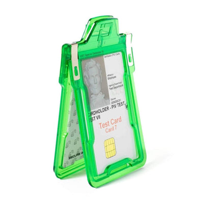Green, translucent, vertical ID card holder featuring a test card labeled "Test Card, Card 7." The Identity Stronghold RFID Blocking Secure Badgeholder Classic - Holds 1 Card - Shields 13.56MHz Signal (IDSH1004-001B-002) comes with clips for attachment and offers RFID blocking for added security.
