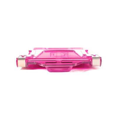A pink, transparent, plastic storage container with handles on a white background showcases its sleek design. Featuring an Identity Stronghold RFID Blocking Secure Badgeholder Classic - Holds 1 Card - Shields 13.56MHz Signal (IDSH1004-001B-002), it ensures the safety of your items while maintaining its stylish appeal.