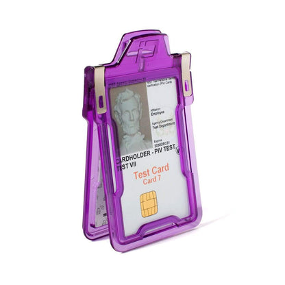 A purple, two-sided Identity Stronghold RFID Blocking Secure Badgeholder Classic - Holds 1 Card - Shields 13.56MHz Signal (IDSH1004-001B-002) displaying a test card with a chip and a black and white image.