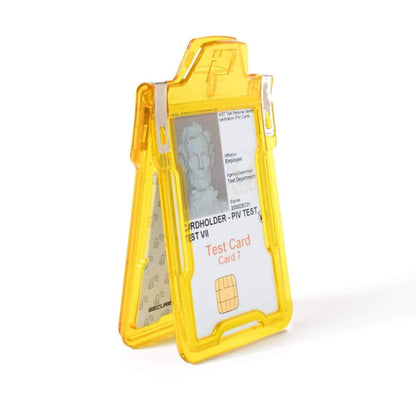 A yellow lanyard Identity Stronghold RFID Blocking Secure Badgeholder Classic - Holds 1 Card - Shields 13.56MHz Signal (IDSH1004-001B-002) displaying an identification card with a photo and a test card labeled "Test Card Card 7", featuring RFID Blocking for added security.