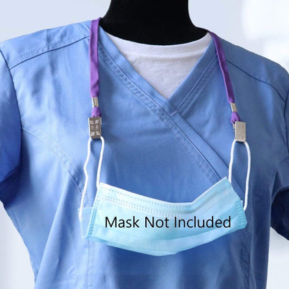 A person in blue scrubs with a Double-Ended Lanyards with Bulldog Clips on Each Side - Comfort Neck Straps ID Holder for Special Event Badges around their neck, which is ideal for double-sided lanyards or conference badges. The message "Mask Not Included" is displayed over the mask holder.