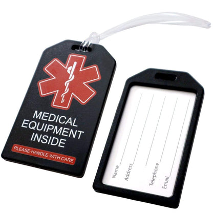A 2 Pack - Heavy Duty Medical Equipment Luggage Tags CPAP / BIPAP with Plastic Loops with a blank information card for name, address, telephone, and email. The tag features a medical symbol and the text "MEDICAL EQUIPMENT INSIDE". Perfect for CPAP/BIPAP accessories or other medical necessities.
