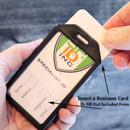 A hand holding a 2 Pack - Heavy Duty Medical Equipment Luggage Tags CPAP / BIPAP with Plastic Loops with a card being inserted. The holder has spaces labeled for name, address, telephone, and email. Text reads: "Insert a Business Card Or Fill Out Included Form." Ideal as Medical Alert Tags or for organizing CPAP/BIPAP Accessories.