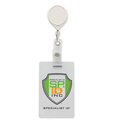 Plastic ID card with clip, featuring a green and orange emblem with the text "Specialist ID SF INC." Comes with a MINI-BAK #66 White Retractable Reel with 36” Nylon Cord, Vinyl ID Strap and Swivel Clip 0066-005 for added convenience and durability.