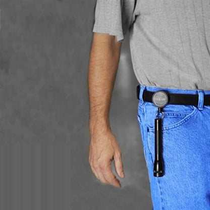 A person wearing blue jeans and a gray shirt has a flashlight attached to a Key-Bak Mid Size Key Ring Badge Reel with Belt Clip (#6) on their belt.