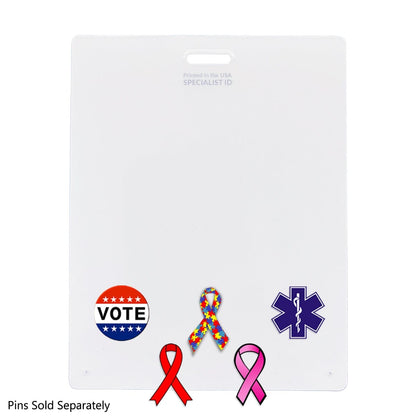 A Pin Buddy Badge for Displaying Pins with Badge Buddies - Horizontal with a slot at the top, perfect for your pins display. It features three pins: a "VOTE" button, a multicolored puzzle piece ribbon, and a blue star of life symbol. Two ribbons, red and pink, are below. Text: "Pins Sold Separately.