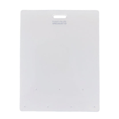 A clear, rectangular Pin Buddy Badge for Displaying Pins with Badge Buddies - Horizontal with a cutout handle at the top and the text "Printed in the USA SPECIALIST ID" at the upper center—perfectly complementing your badge buddy for easy identification.