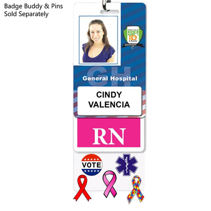 Pin Buddy for Displaying Pins with Badge Buddies - Vertical for General Hospital with the name "Cindy Valencia" and the title "RN," showcasing a photo at the top. Various awareness enamel pins are displayed at the bottom, making this badge both a professional ID and pin holder.