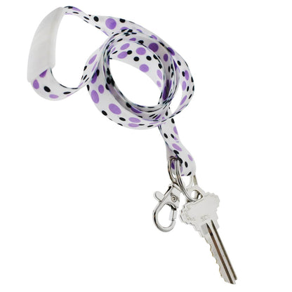 A silver key attached to a Cute Polka Dot Pattern Fashion Lanyard With Lobster Hook And Key Ring(P/N 2138-728X), featuring a safety breakaway feature for added security. Sold by Specialist ID.