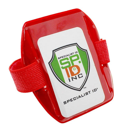 Vertical Reflective Armband ID Holder (R504-ARN) with an ID holder featuring a green and orange Specialist ID badge, reflective for visibility, and an adjustable velcro strap.