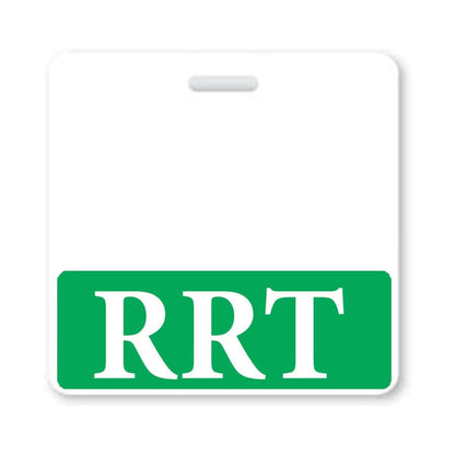 Square-shaped badge made from the highest quality synthetic paper, featuring a white background and a green rectangular section at the bottom, displaying the white letters "RRT." Ideal for role recognition, this "RRT" Horizontal Badge Buddy ensures durability and clarity.