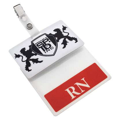 S2204 dual strap clip holding an ID badge and red RN Badge Buddy
