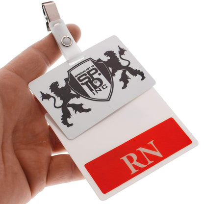 S2204 dual ID strap clip attached to badge and red RN Badge Buddy