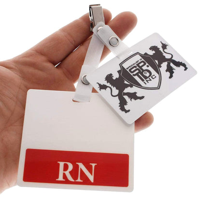 S2204 badge clip shown by hand with ID badge and red RN Badge Buddy