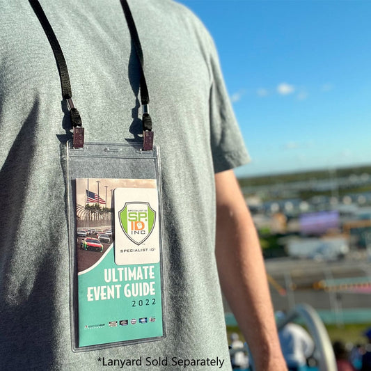4x8 event credential holder worn on a lanyard at an outdoor venue