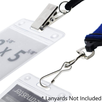 Close-up of a badge holder with a metal clip and hook attached to a lanyard, ideal for securing your Clear Ticket Holder for 2 1/8 X 5 5/8 Inch (Ticketmaster Size) Concert and Sporting Event Tickets & Credentials (SPID-1140). Text reads "Lanyards Not Included.