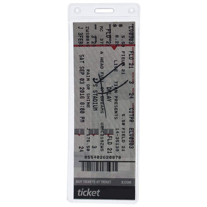 Image of a collectible concert ticket in a Clear Ticket Holder for 2 1/8 X 5 5/8 Inch (Ticketmaster Size) Concert and Sporting Event Tickets & Credentials (SPID-1140), displaying details such as seat, row, section, date, time, and venue.