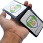 A hand holds an open black Magnetic Vertical Double Pocket Badge Holder (1835-1115) displaying two Specialist ID cards with green and orange logos.