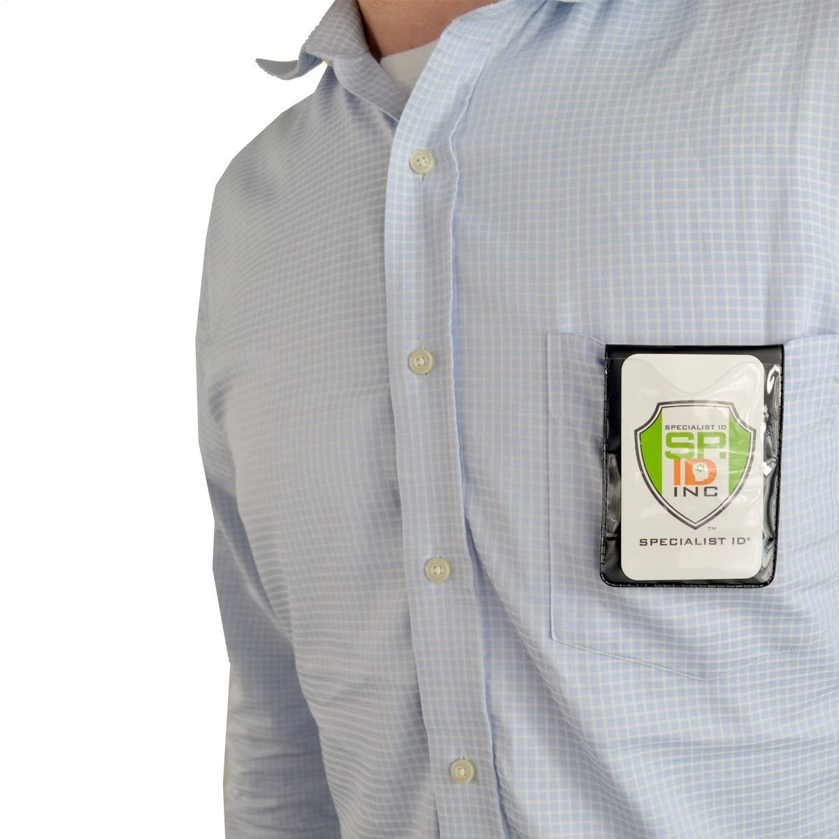 A person wearing a light blue checked shirt with an ID badge displayed in a Magnetic Vertical Double Pocket Badge Holder (1835-1115) clipped to the chest pocket.