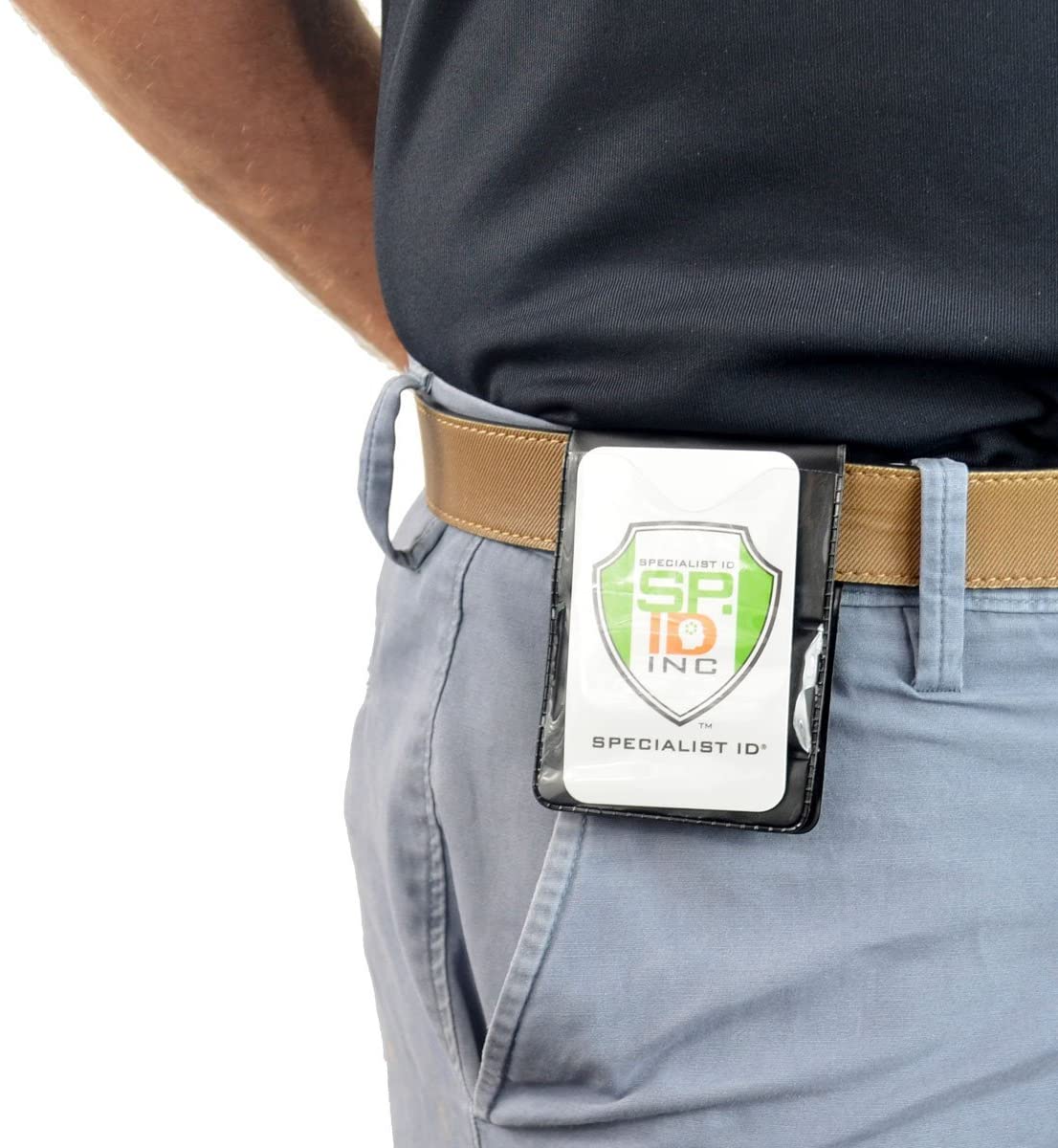 Person wearing a Magnetic Vertical Double Pocket Badge Holder (1835-1115) with an ID card displaying the logo and text "Specialist ID Inc.