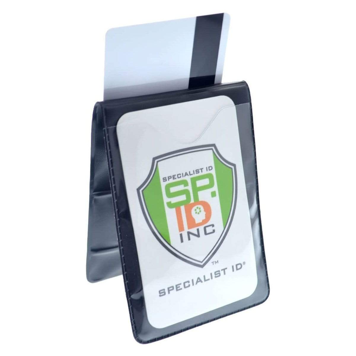 A Magnetic Vertical Double Pocket Badge Holder (1835-1115) with a Specialist ID, Inc. logo, displaying a white card partially inserted into the holder.