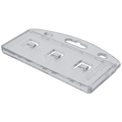 Vertical Half Card Badge Holder for Smart Chip (INSERT) PIV Common Access and Chip Credit Cards (SPID-1200) with three slots for mounting and a hole at the top for attaching to a lanyard or clip, perfect for securely displaying smartcards.
