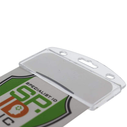 Close-up image of a Vertical Half Card Badge Holder for Smart Chip (INSERT) PIV Common Access and Chip Credit Cards (SPID-1200) with a slot for attaching a clip or lanyard. The heavy-duty poly-carbonate holder reveals a badge inside, featuring green and orange text.