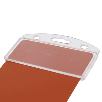 A close-up image of a Vertical Half Card Badge Holder for Smart Chip (INSERT) PIV Common Access and Chip Credit Cards (SPID-1200) with a brown insert, featuring holes compatible with a lanyard or clip.