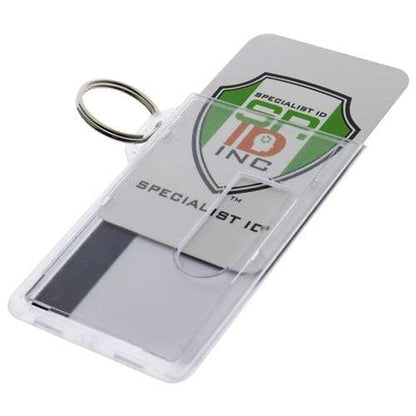 A durable cardholder with a key ring attached, featuring a clear plastic badge holder containing a card with the Two Card Vertical Clear Rigid Plastic Fuel Card and Badge Holder with Keychain (SPID-1220).
