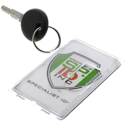 A metal key attached to a black round keyring sits next to a Two Card Vertical Clear Rigid Plastic Fuel Card and Badge Holder with Keychain (SPID-1220) featuring the "Specialist ID" logo.