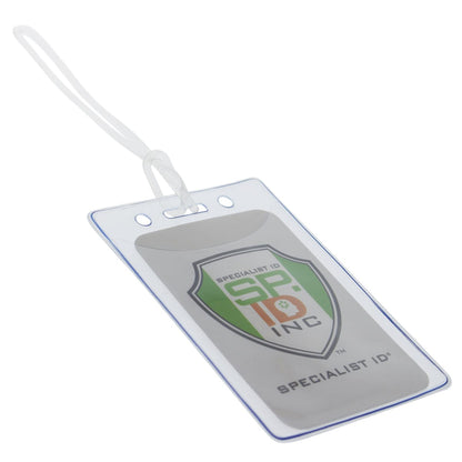 Clear Plastic Luggage Identification Tags with Loops Included - Business Card or Photo Insert (Easy Access) with a Specialist ID card inside, displaying a green and orange shield logo with "SP INC" text. The tag features a white strap for attachment, ensuring it stays secure. Ideal for frequent travelers, these luggage tags can be paired with secure worm loops for added peace of mind.