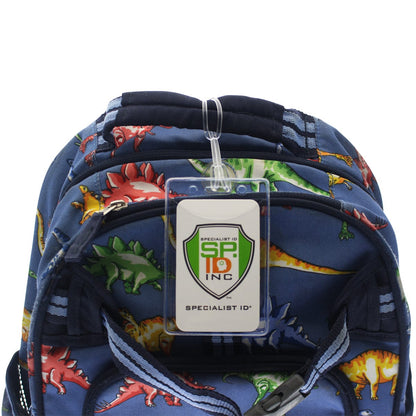 A blue backpack with colorful dinosaur patterns, equipped with secure worm loops and an attached Clear Plastic Luggage Identification Tags with Loops Included - Business Card or Photo Insert (Easy Access).