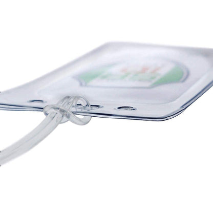 Close-up of a Clear Plastic Luggage Identification Tag with Loops Included - Business Card or Photo Insert (Locking Top) featuring secure loops with a clear tube threaded through its holes, likely used for holding a badge or identification card.