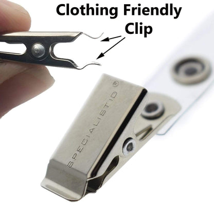 Close-up of a silver, clothing-friendly clip labeled "CLOTHING FRIENDLY CLIP" held by fingers next to a strap. The Clothing Friendly ID Badge Clips with Smooth Bulldog Clip and Vinyl Strap is engraved with the brand name "SPECIALIST ID.