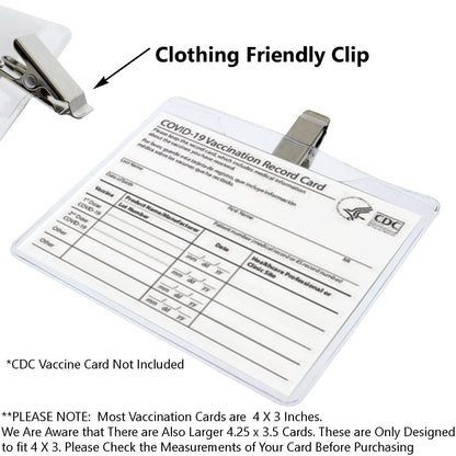 A 4 x 3 Horizontal Event Badge Holder with Clothing Friendly Bulldog Clip - Clear Vinyl, Horizontal & Durable (SPID-1440), is shown holding a COVID-19 vaccination record card. Text below notes the actual CDC vaccine card is not included.