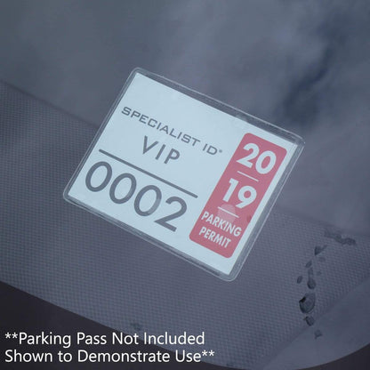 Close-up of a VIP 2019 parking permit labeled "0002" displayed on a car dashboard within a Large 4 x 3 Adhesive Badge Holders with Sticky Back - Clear Vinyl Parking Pass Holders for Windshield (CE-4P). Text at the bottom states, "Parking Pass Not Included Shown to Demonstrate Use.