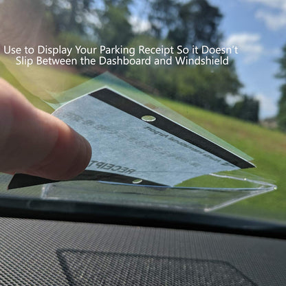 A hand places a parking receipt into a Large 4 x 3 Adhesive Badge Holders with Sticky Back - Clear Vinyl Parking Pass Holders for Windshield (CE-4P) on the dashboard to prevent it from slipping between the dashboard and the windshield. Text on the image provides this instruction.