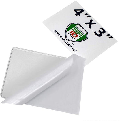 A Large 4 x 3 Adhesive Badge Holder with Sticky Back - Clear Vinyl Parking Pass Holders for Windshield (CE-4P) with a piece of white paper partially inserted. The paper has the logo and text "SPECIALIST ID".