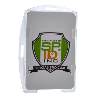 A Crystal Clear Rigid Open-Faced 2 Card Holder - Optional Vertical or Horizontal (P/N SPID-150) with the Specialist ID Inc logo, featuring a shield design and the text "SPECIALISTID.COM.