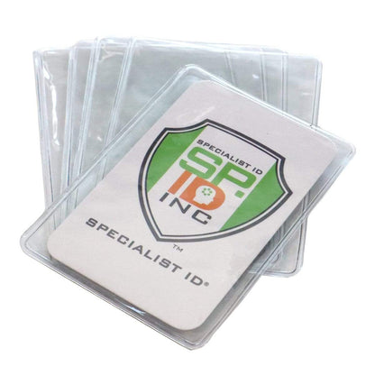 Stack of Clear Vinyl Business Card Holder - Medicare Card Protective Sleeve (1840-3505) with a Specialist ID Inc. card displaying the company logo inside one holder, providing an ideal Medicare card protective sleeve.