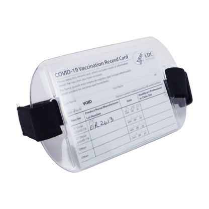 Armband Badge Holder Horizontal - 4" X 3" Name Badge Holder with Adjustable Arm Band with adjustable hook and loop straps containing a COVID-19 vaccination record card, featuring spaces for vaccine details and dates. The clear vinyl badge holders provide durability and easy visibility.