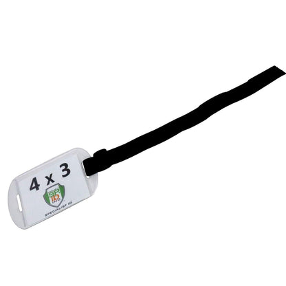 A white necklace tag with "4 x 3" and a logo on one side, attached to a black lanyard strap, featuring an Armband Badge Holder Horizontal - 4" X 3" Name Badge Holder with Adjustable Arm Band.